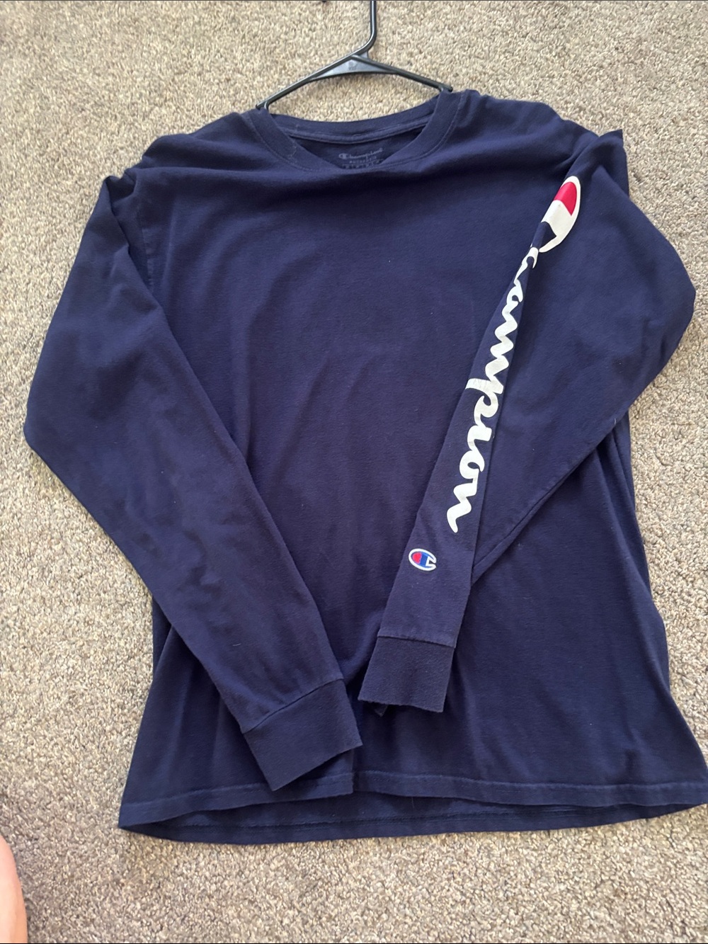 Champion Navy Long Sleeve Tee with Script Sleeve Logo